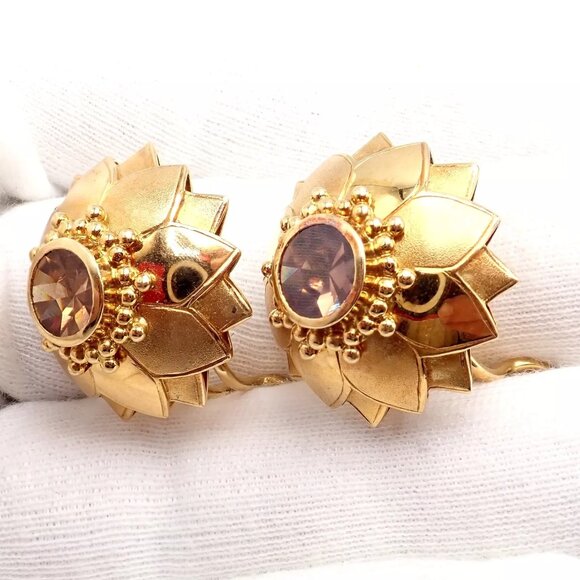 Rare! Vintage Paula Crevoshay 18k Gold Brown Zircon Round Flower Earrings OOAK - Picture 4 of 11